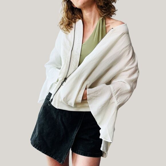 NWT‎ CQ by CQ Ivory Linen Blend Ruffle Bomber Jacket Size L Double Zipper - Picture 4 of 8